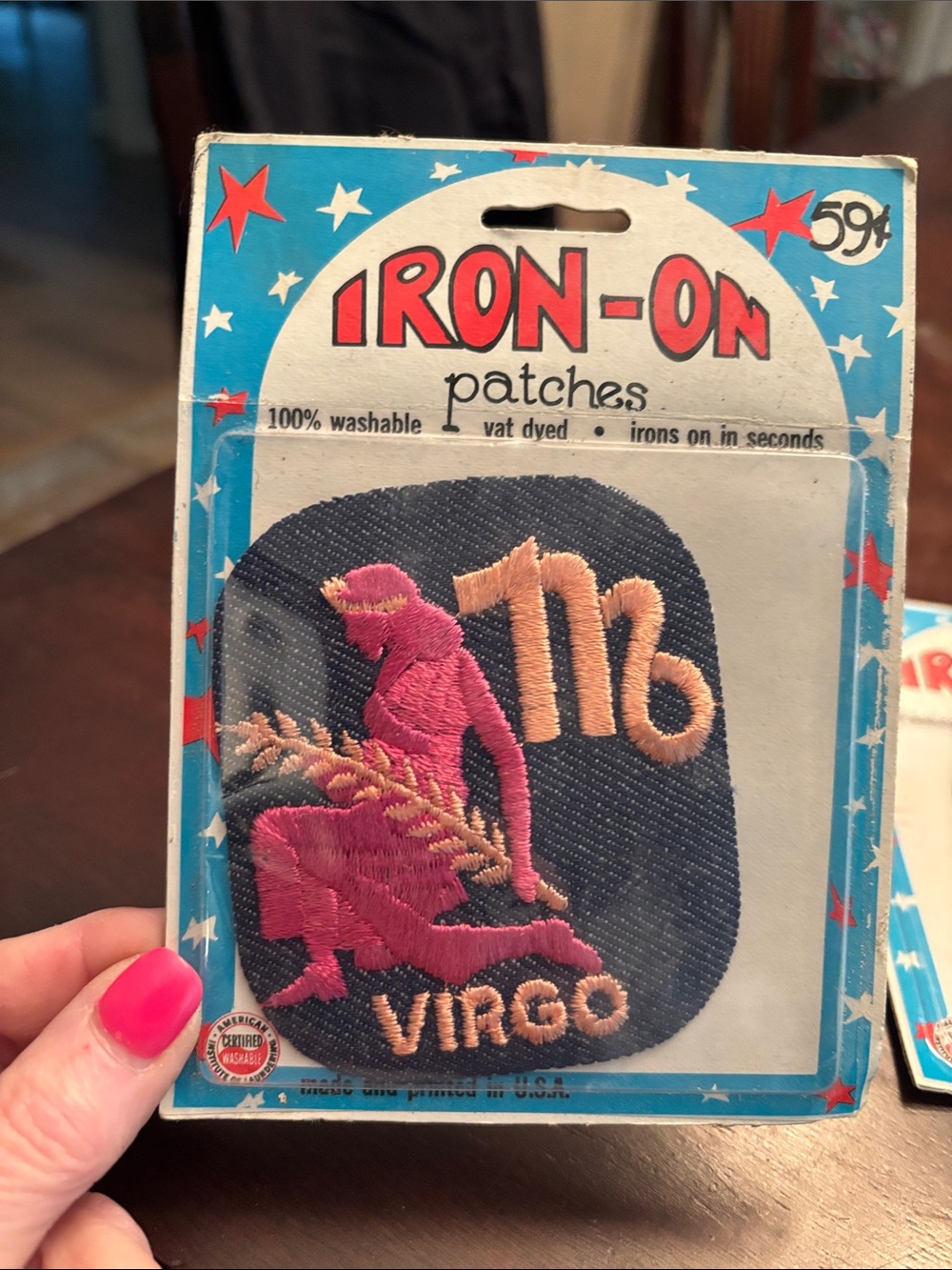 Vintage 1970’s Iron-On Virgo Patch - Pink Embroidered Zodiac Patch